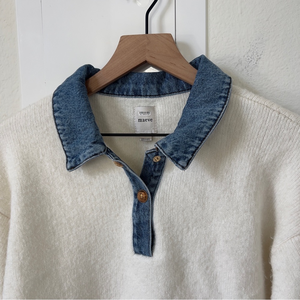 Anthropologie Maeve Denim Polo Sweater in Ivory and Blue - Picture 5 of 7